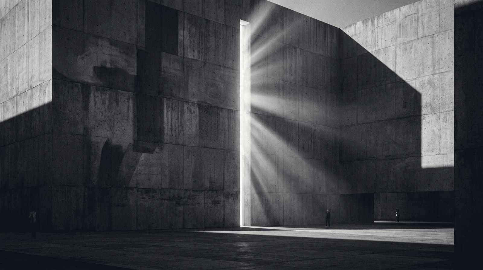 A narrow slot of daylight falling between two massive unadorned concrete walls.
