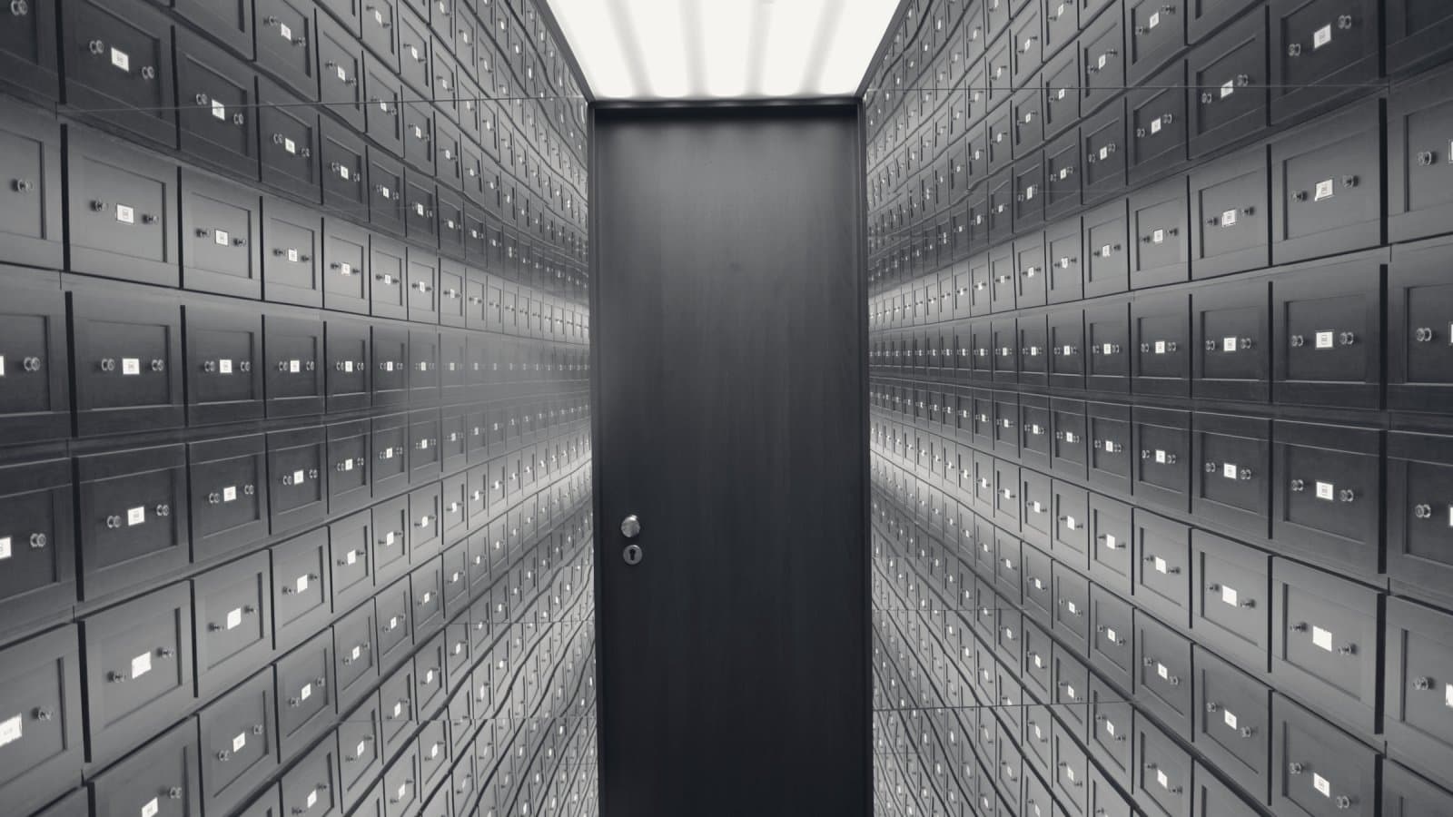 A narrow vault corridor lined floor to ceiling with closed safe-deposit boxes, mirrored into the distance, ending at a single closed door under a bright ceiling light, in hard monochrome.
